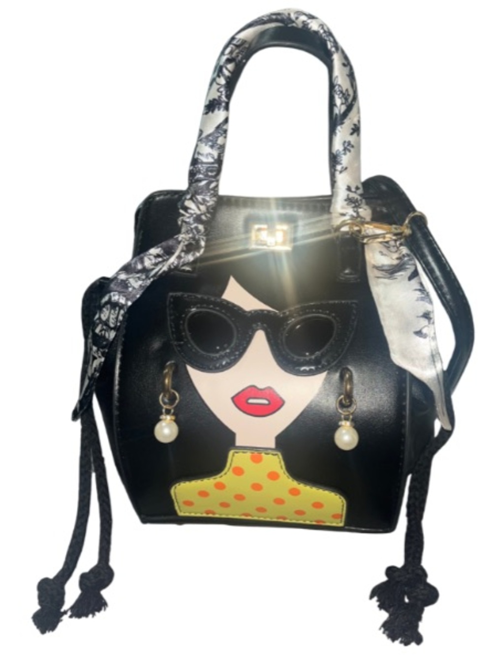 Like New Novelty "Diva" Lady Face Crossbody Bucket Bag with Scarf Accent